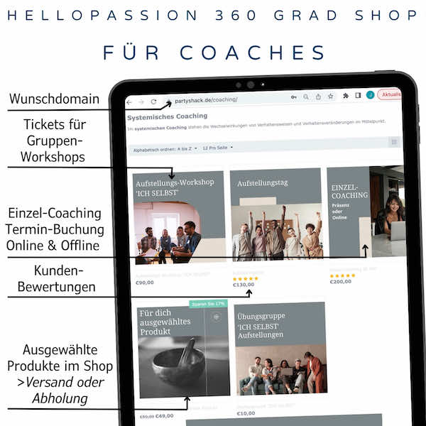 360 Grad Online Shop für Coaches auf deiner Wunschdomain powered by HelloPassion: mit Terminbuchung für Einzelcoaching, Tickets für Gruppencoaching sowie ausgewählte Produkte für Verkauf, Kunden-Rezensionen